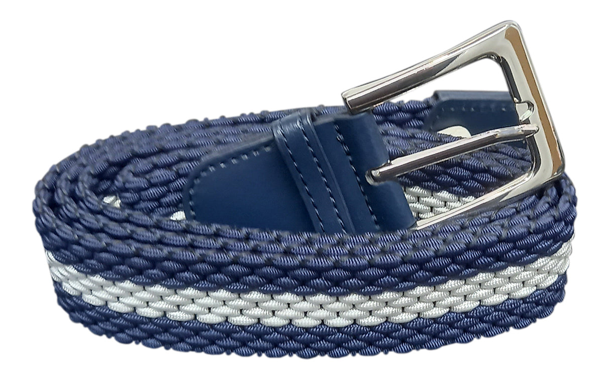 Men's Belt, Stretchy, Elasticated Belts for Men or Women, Braided Belt 1.25" Wide,Sriped Blue and White