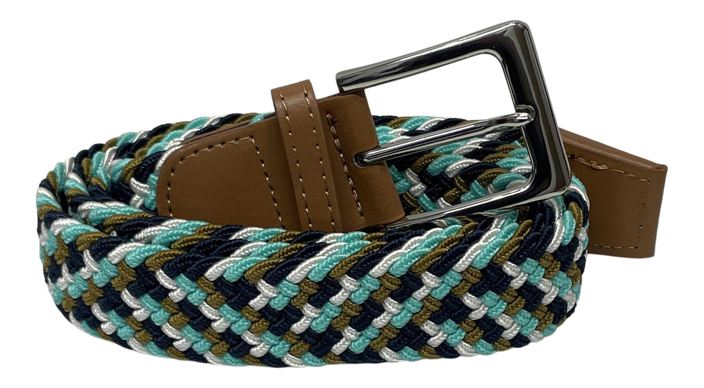 Men's Belt, Stretchy, Elasticated Belts for Men or Women, Braided Belt 1.25" Wide, Multi Blues & White