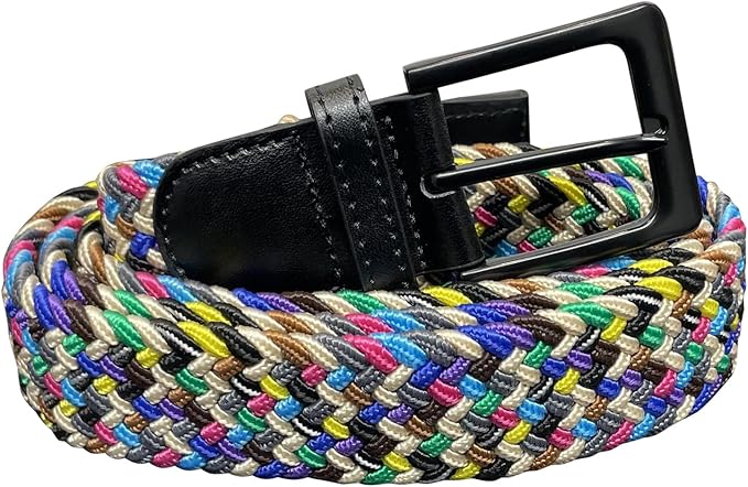 Men's Belt, Stretchy, Elasticated Belts for Men or Women, Braided Belt 1.25" Wide, Rainbow Colours
