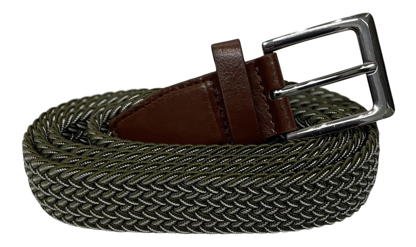 Men's Belt, Stretchy, Elasticated Belts for Men or Women, Braided Belt 1.25" Wide, Green & White