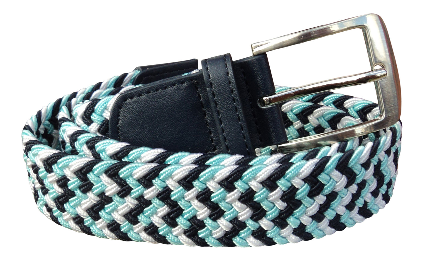 Men's Belt, Stretchy, Elasticated Belts for Men or Women, Braided Belt 1.25" Wide, White and Blues