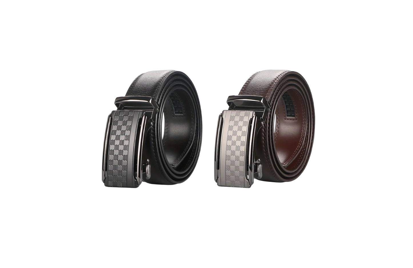 Men's Real Leather Rachet Belt, Black or Brown with Quality Check Plate Buckle