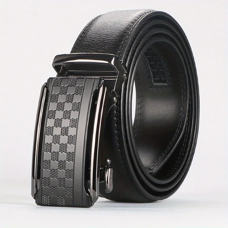 Men's Real Leather Rachet Belt, Black or Brown with Quality Check Plate Buckle