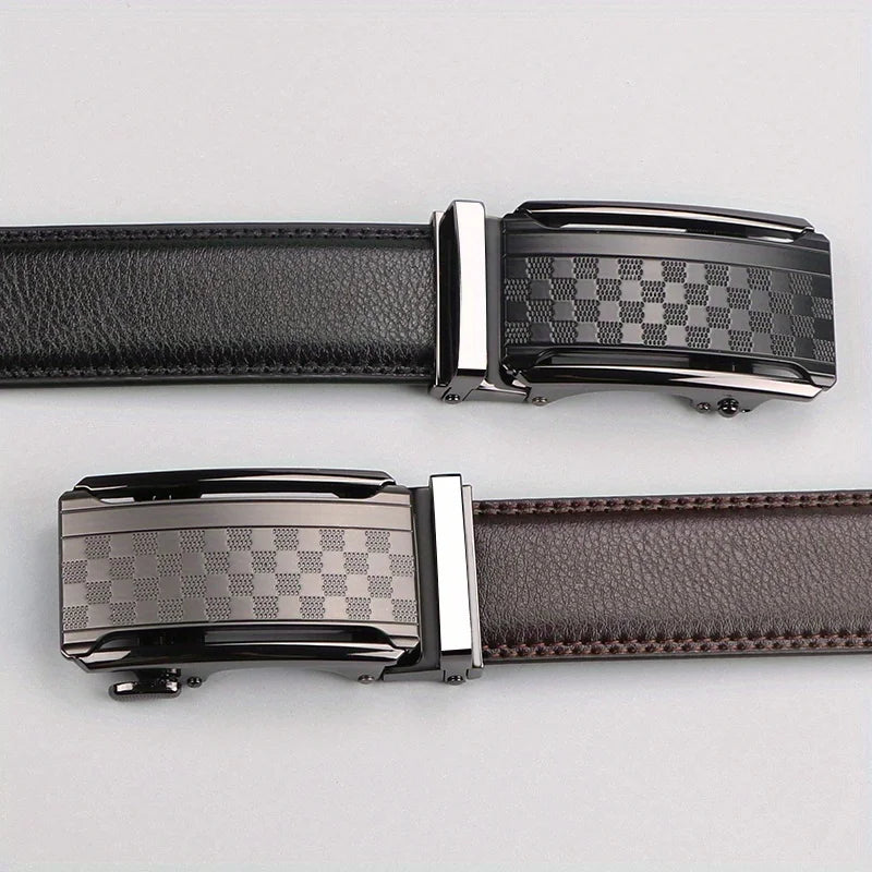 Men's Real Leather Rachet Belt, Black or Brown with Quality Check Plate Buckle