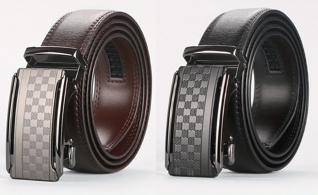 Men's Real Leather Rachet Belt, Black or Brown with Quality Check Plate Buckle