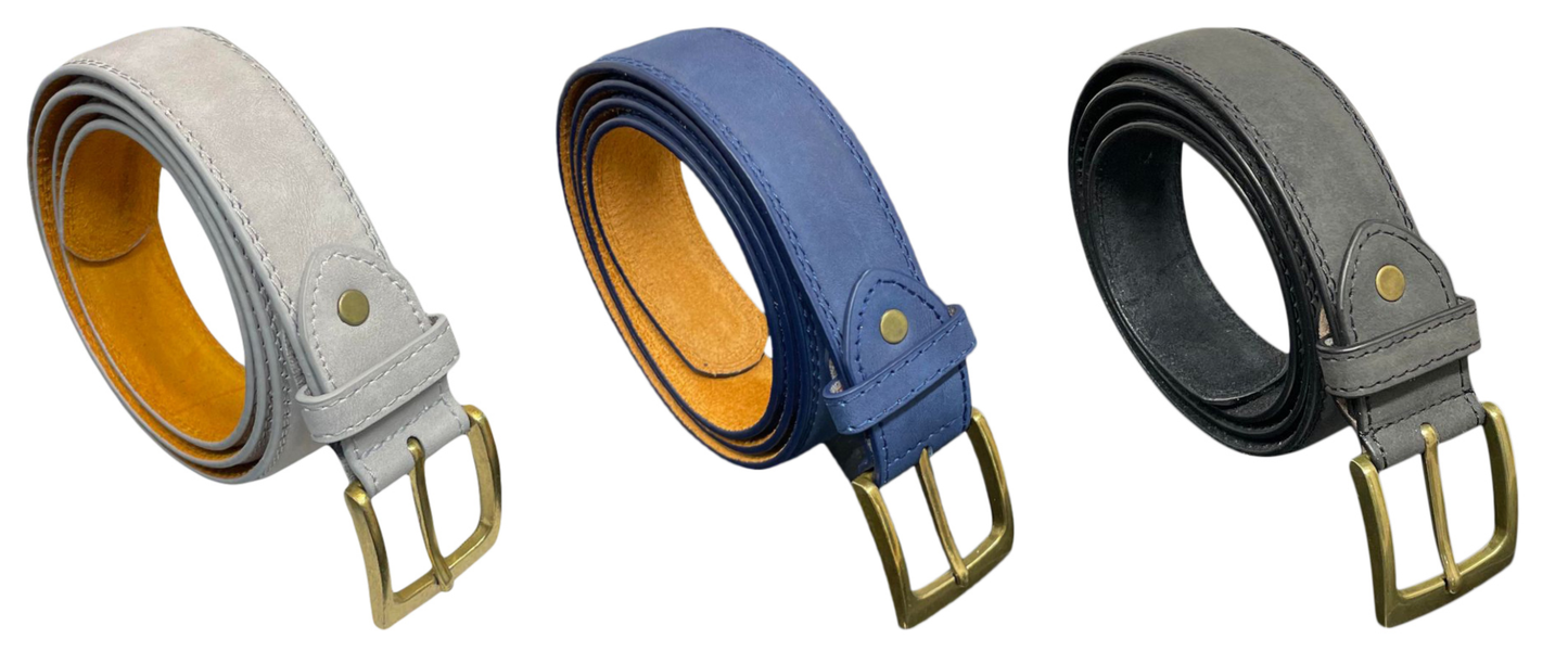Men's Leather Belt, Black, Blue or Grey, Suede Style Finish 1.25" Wide