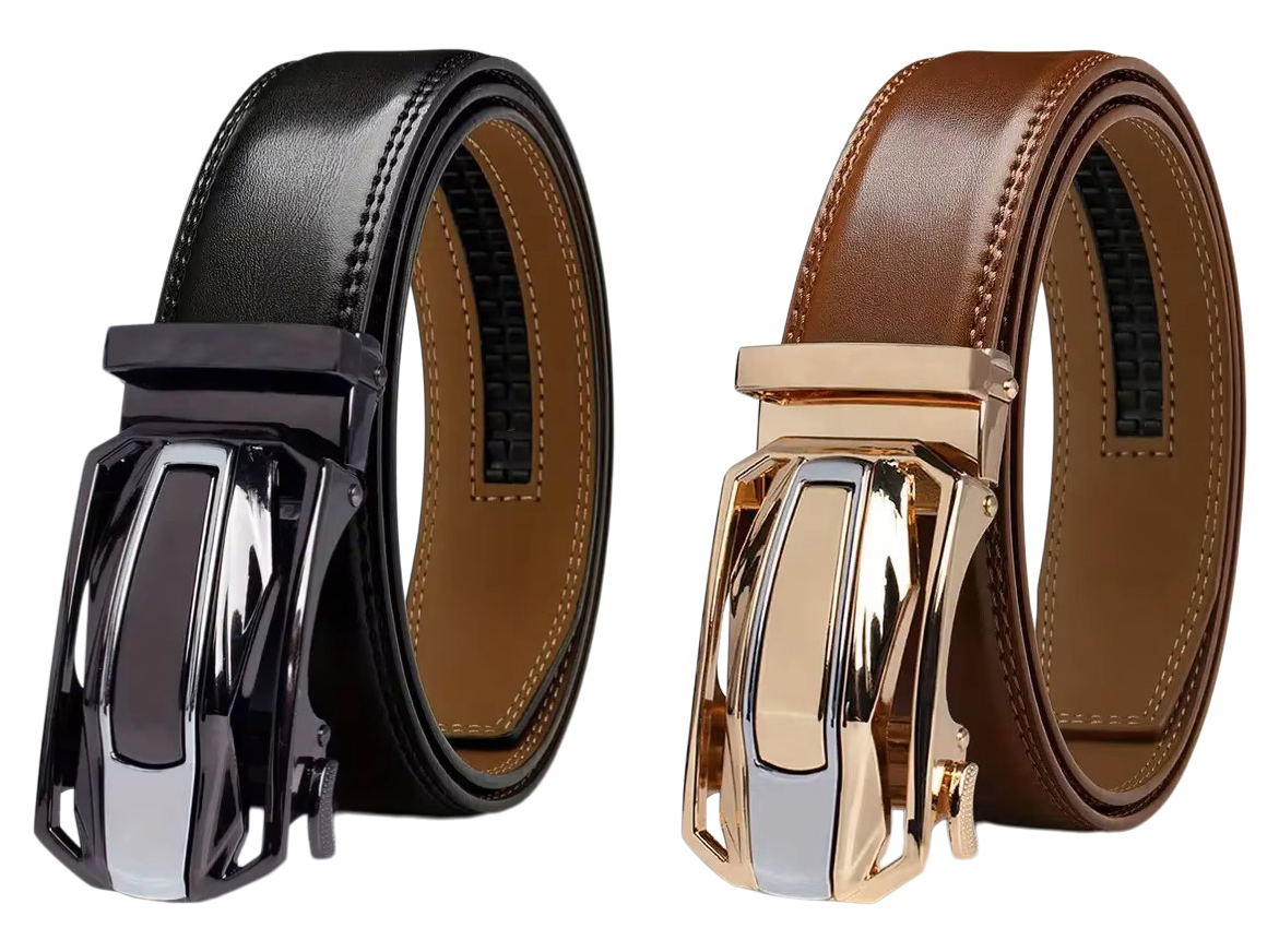 Men's Real Leather Rachet Belt, Black or Brown with Quality Plate Buckle