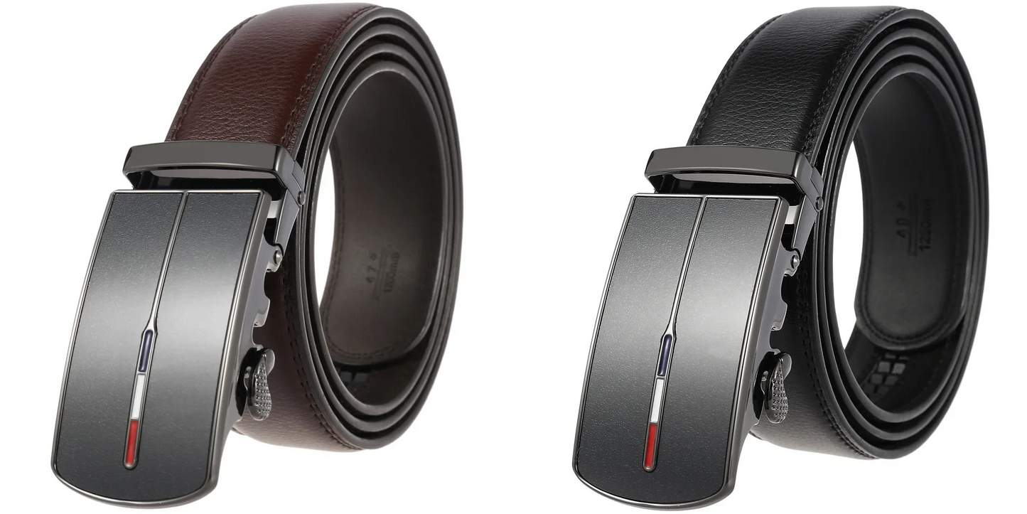 Men's Real Leather Rachet Belt, Black or Brown with Quality Plate Buckle