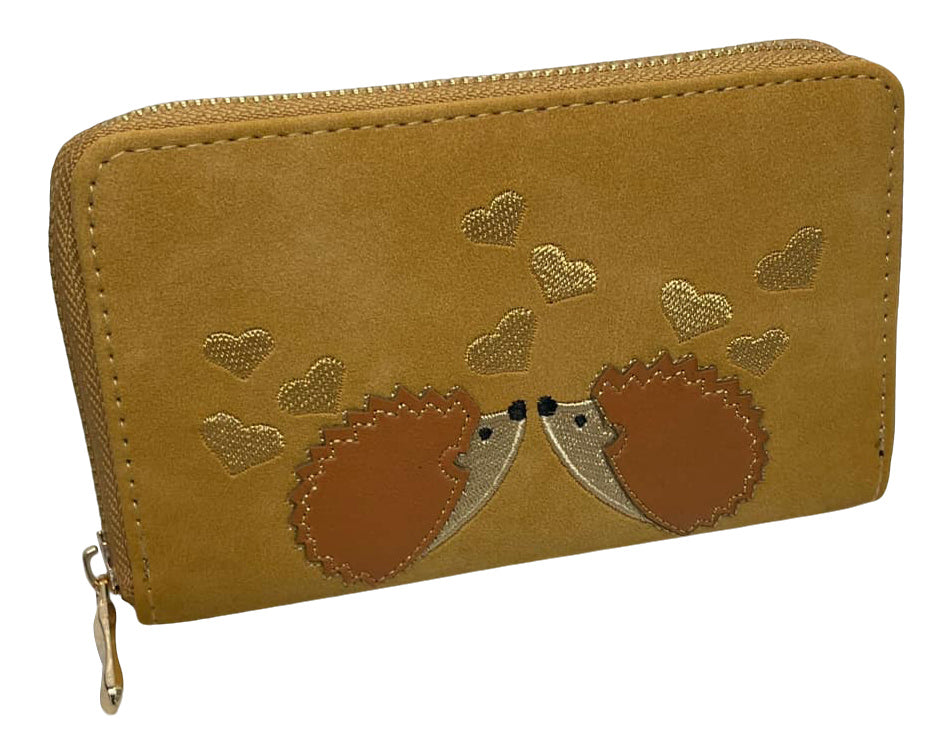 Ladies Purse, Suede Style Finish, Medium Size Purses Featuring Hedgehogs