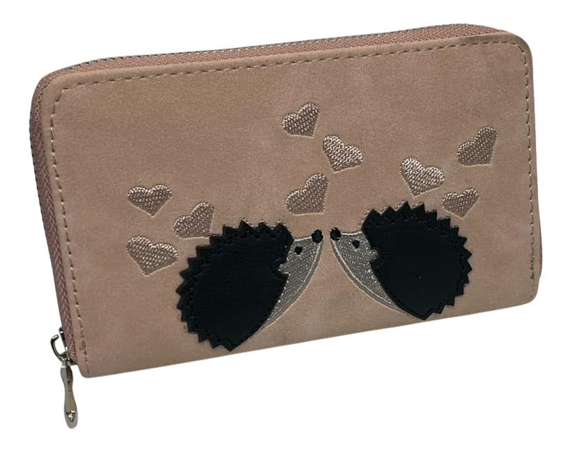 Ladies Purse, Suede Style Finish, Medium Size Purses Featuring Hedgehogs