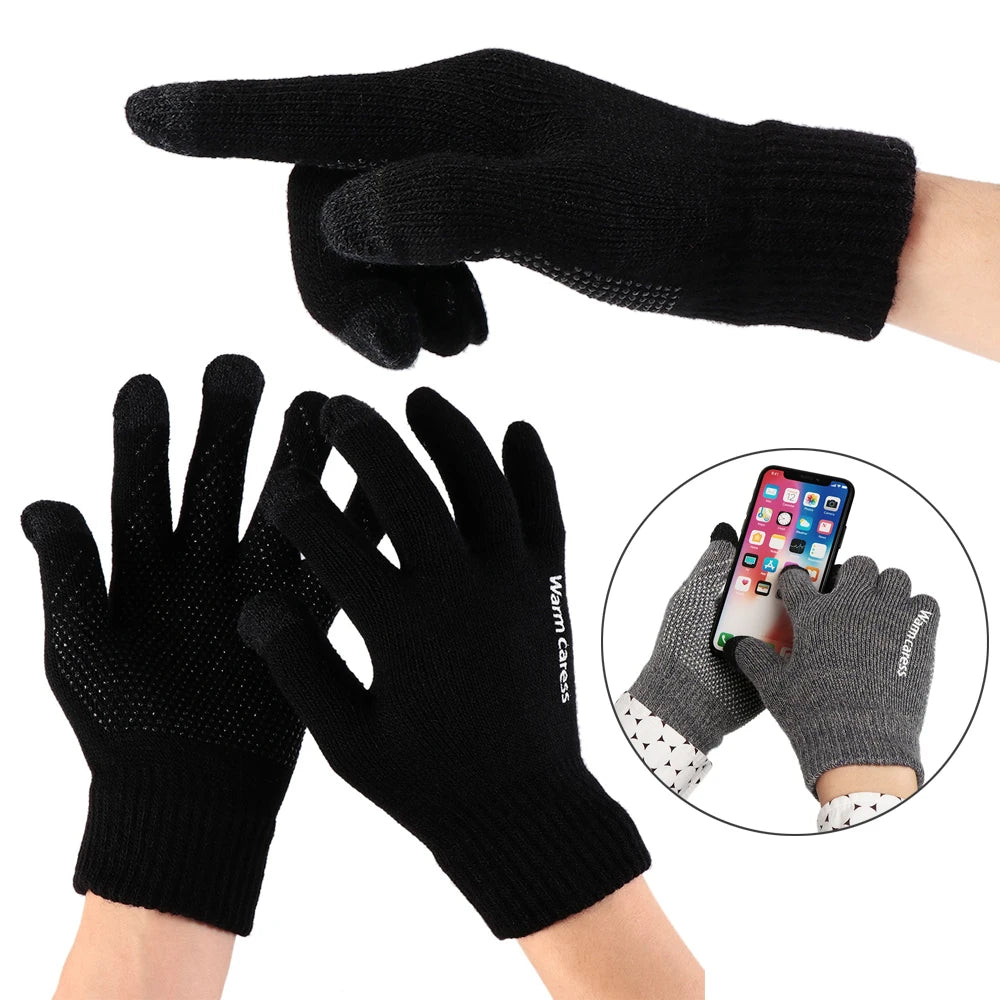 1 Pair Men Thick Knitted Gloves For Phone Screen Male Winter Autumn Warm Wool, Solid Gloves Men Mitten Gloves