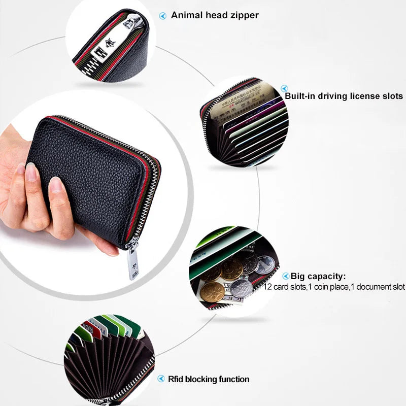 New Fashion Women's Card Bag Genuine Leather Men Credit Card Holder Rfid Wallet Female Change Organizer Small Purse Zipper