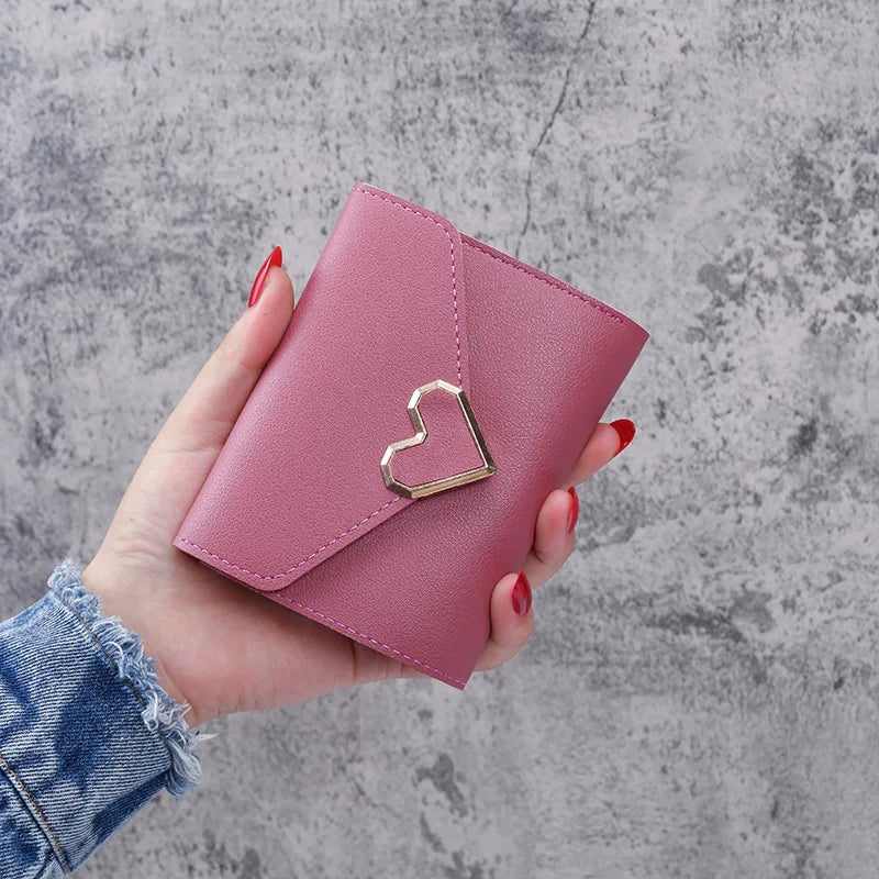 Women Heart Buckle Short Wallet Simple Multifunctional Folding Purse Card Holder Cute Fashion Clutch Bag Girls Money Bag