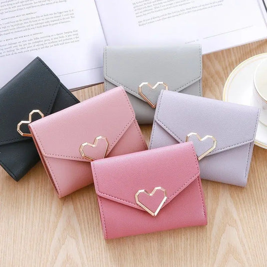 Women Heart Buckle Short Wallet Simple Multifunctional Folding Purse Card Holder Cute Fashion Clutch Bag Girls Money Bag