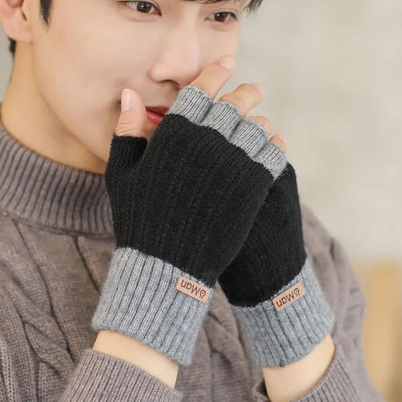 Men Winter Fingerless Half Finger Knitted Gloves, Knitted Warm Exposed Finger Thick Gloves