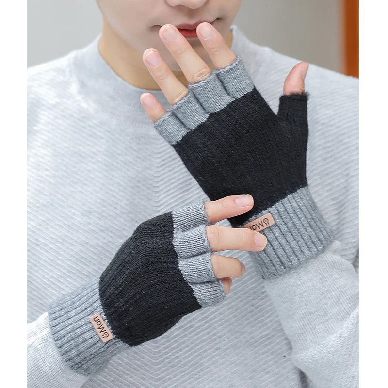 Men Winter Fingerless Half Finger Knitted Gloves, Knitted Warm Exposed Finger Thick Gloves