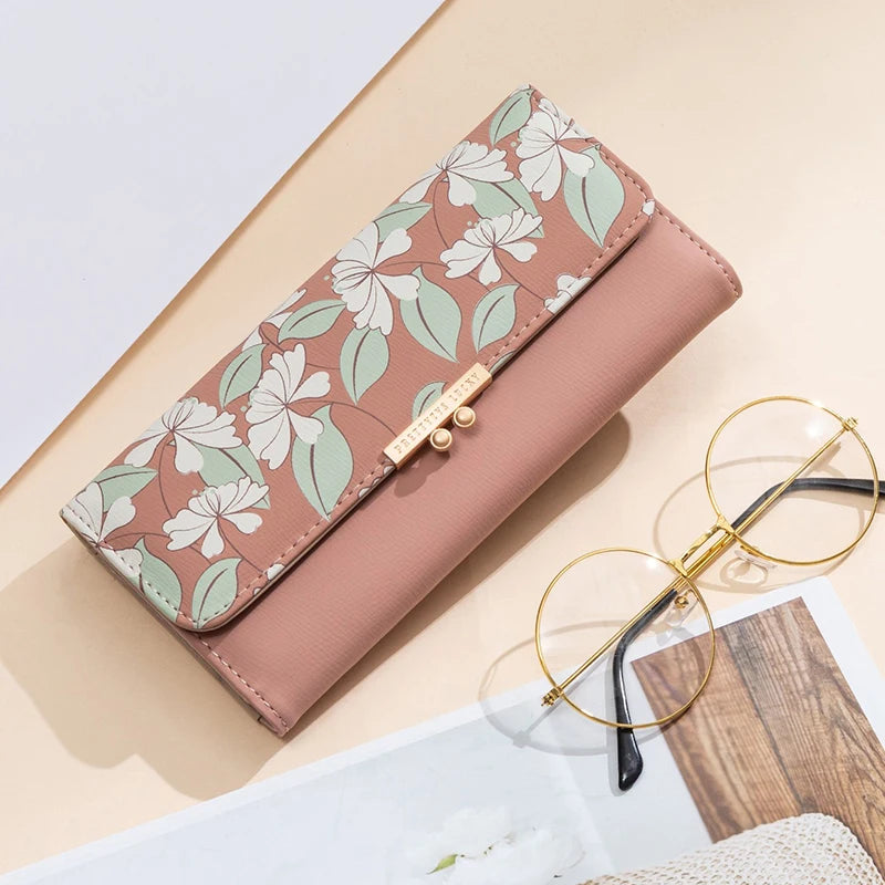 Prettyzys brand name flower print trifold long ladies purse women wallet