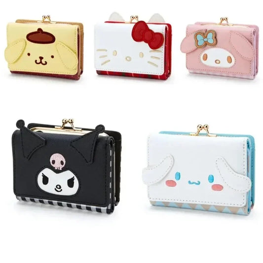 Sanrio Hello Kitty Bag Kawaii Cinnamoroll My Melody Kuromi Casual Fashion PU Leather Wallet Cute Folding Light Card Bag New 2024