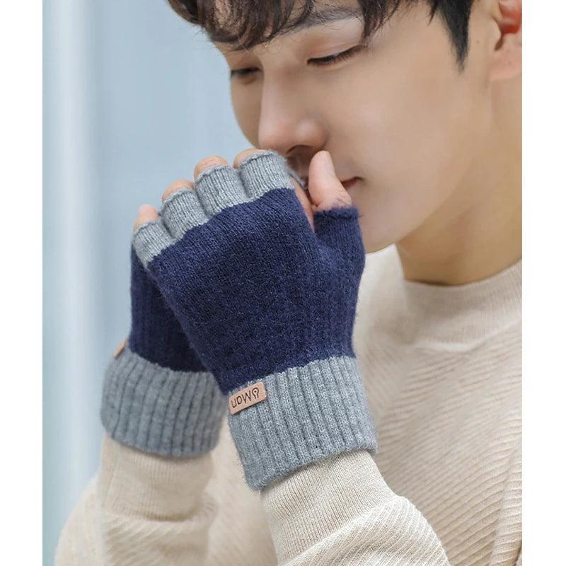 Men Winter Fingerless Half Finger Knitted Gloves, Knitted Warm Exposed Finger Thick Gloves