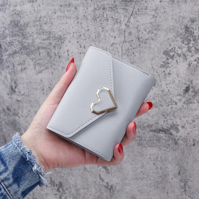 Women Heart Buckle Short Wallet Simple Multifunctional Folding Purse Card Holder Cute Fashion Clutch Bag Girls Money Bag