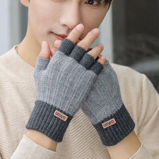 Men Winter Fingerless Half Finger Knitted Gloves, Knitted Warm Exposed Finger Thick Gloves