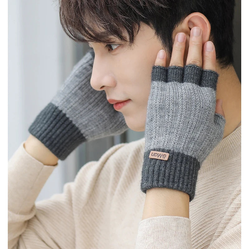 Men Winter Fingerless Half Finger Knitted Gloves, Knitted Warm Exposed Finger Thick Gloves