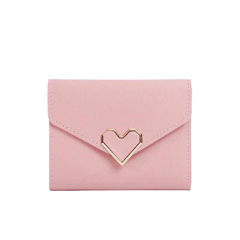 Women Heart Buckle Short Wallet Simple Multifunctional Folding Purse Card Holder Cute Fashion Clutch Bag Girls Money Bag