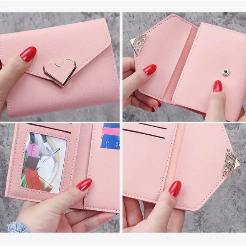 Women Heart Buckle Short Wallet Simple Multifunctional Folding Purse Card Holder Cute Fashion Clutch Bag Girls Money Bag