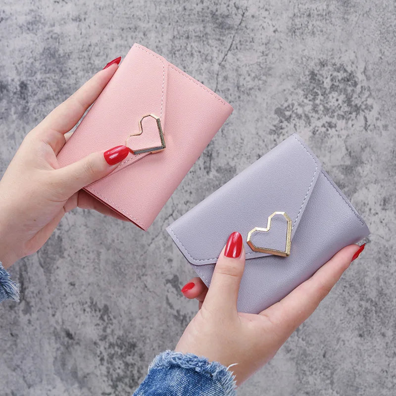 Women Heart Buckle Short Wallet Simple Multifunctional Folding Purse Card Holder Cute Fashion Clutch Bag Girls Money Bag