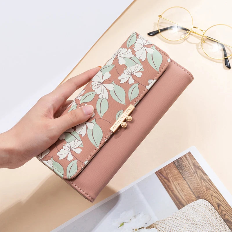 Prettyzys brand name flower print trifold long ladies purse women wallet