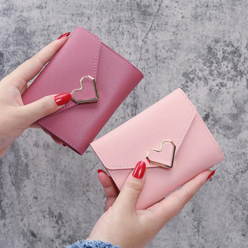 Women Heart Buckle Short Wallet Simple Multifunctional Folding Purse Card Holder Cute Fashion Clutch Bag Girls Money Bag