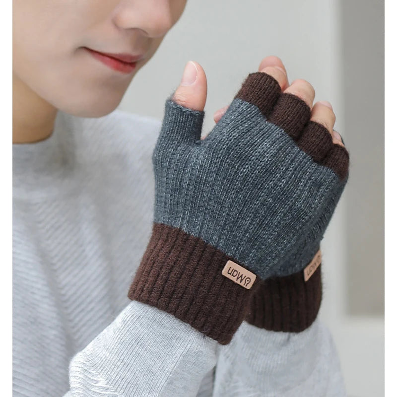 Men Winter Fingerless Half Finger Knitted Gloves, Knitted Warm Exposed Finger Thick Gloves