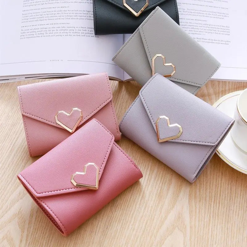 Women Heart Buckle Short Wallet Simple Multifunctional Folding Purse Card Holder Cute Fashion Clutch Bag Girls Money Bag