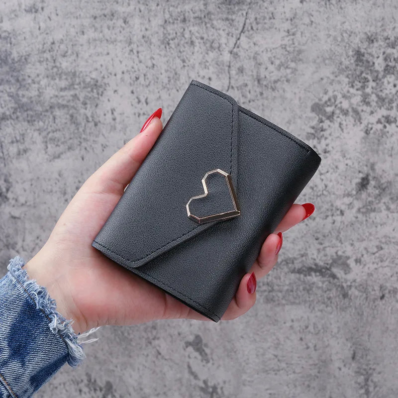 Women Heart Buckle Short Wallet Simple Multifunctional Folding Purse Card Holder Cute Fashion Clutch Bag Girls Money Bag