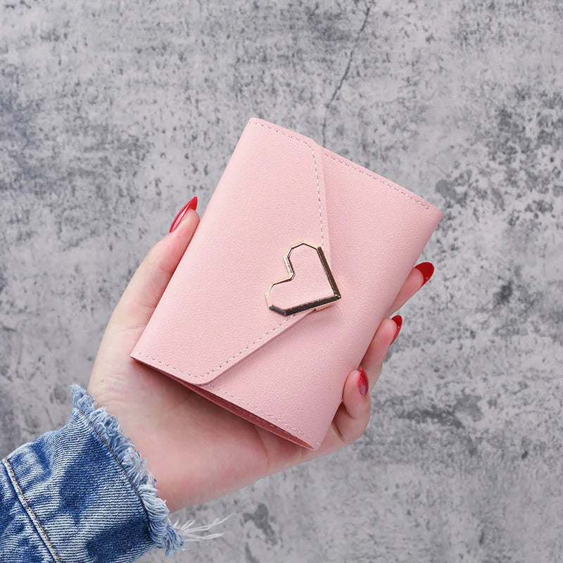 Women Heart Buckle Short Wallet Simple Multifunctional Folding Purse Card Holder Cute Fashion Clutch Bag Girls Money Bag