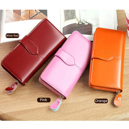 Large Wallets for Women Wallet Genuine Leather Orange Womens Purse Zipper Long Phone Bag Red RFID Card Holder Coin Purses Clutch