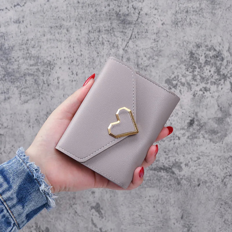 Women Heart Buckle Short Wallet Simple Multifunctional Folding Purse Card Holder Cute Fashion Clutch Bag Girls Money Bag