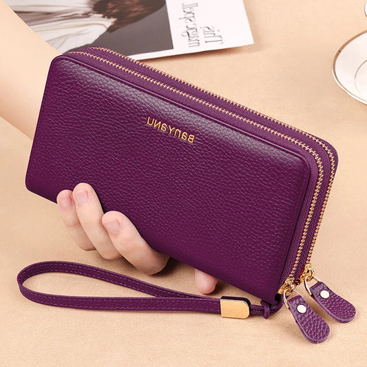 Women's Clutch Bag Genuine Leather Wallets Double Zipper Money Phone Purse RFID Card Holder Large Capacity Luxury Purple Wallet