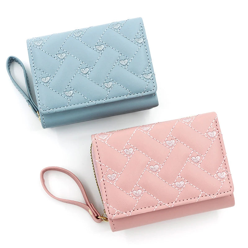 Love Embroidered Wallet Women's Short Zero Wallet Women's Triple Fold Bag Multi Card Large Capacity Versatile Fashion Wallet