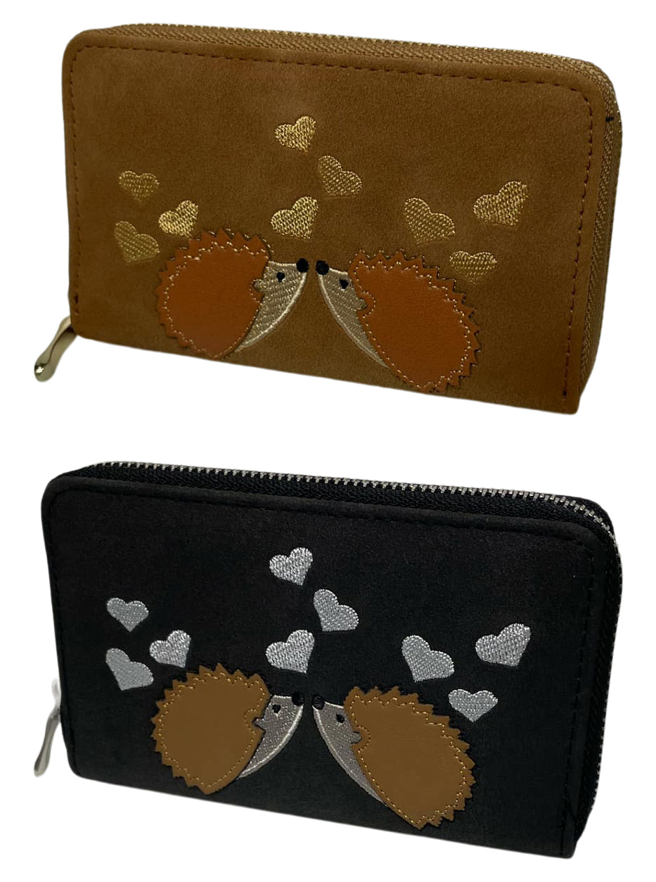 Ladies Purse, Suede Style Finish, Medium Size Purses Featuring Hedgehogs